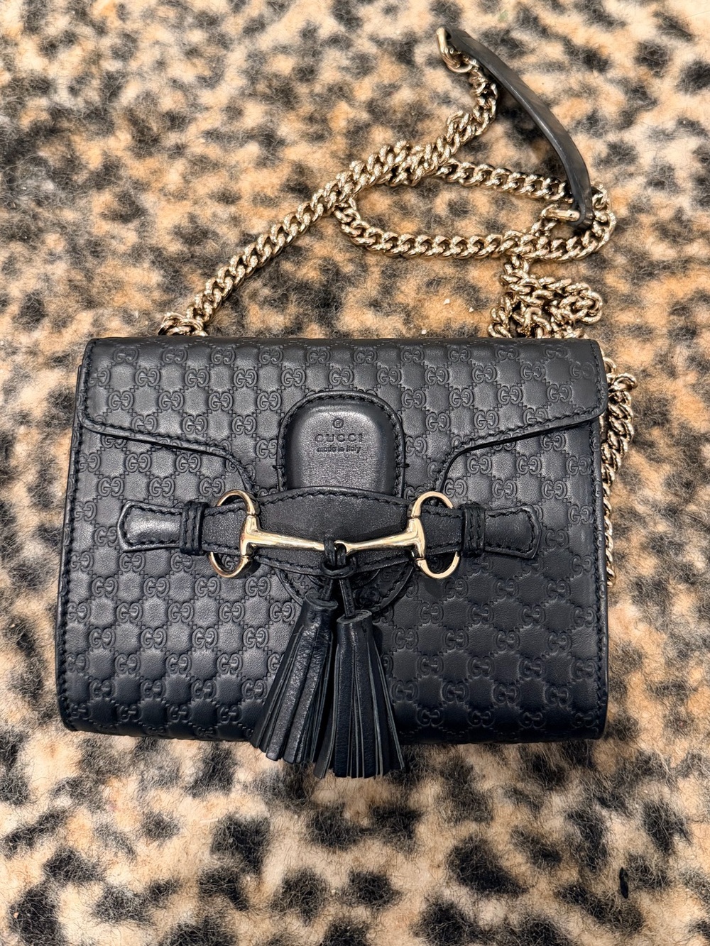 Gucci Black Leather GG Embossed Chain Crossbody with Tassel and Horsebit
